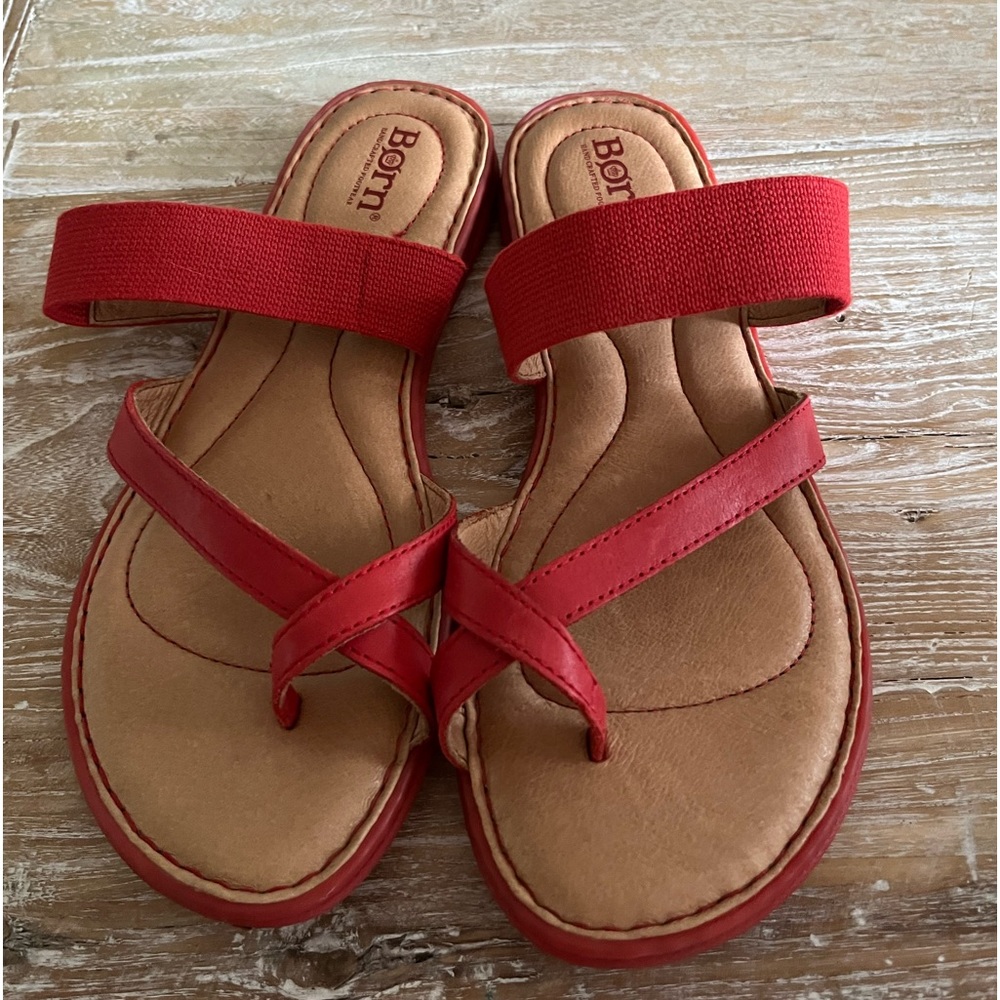 Born red toe loop sandals.  Leather and fabric. Worn twice. Women size 8